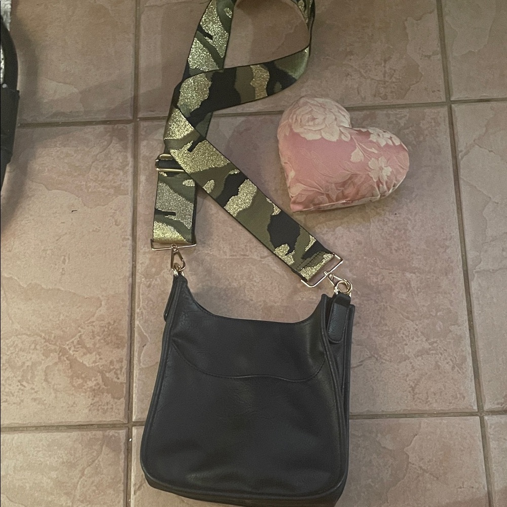 Ah-Dorned Black Leather Crossbody Bag with Camouflage Adjustable Strap,